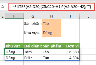Sử dụng FILTER cùng với toán tử nhân (*) để trả về tất cả giá trị trong dải ô mảng (A5:D20) có chứa Táo VÀ thuộc khu vực Phía đông.