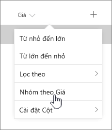 Tùy chọn Nhóm theo trên menu tiêu đề cột