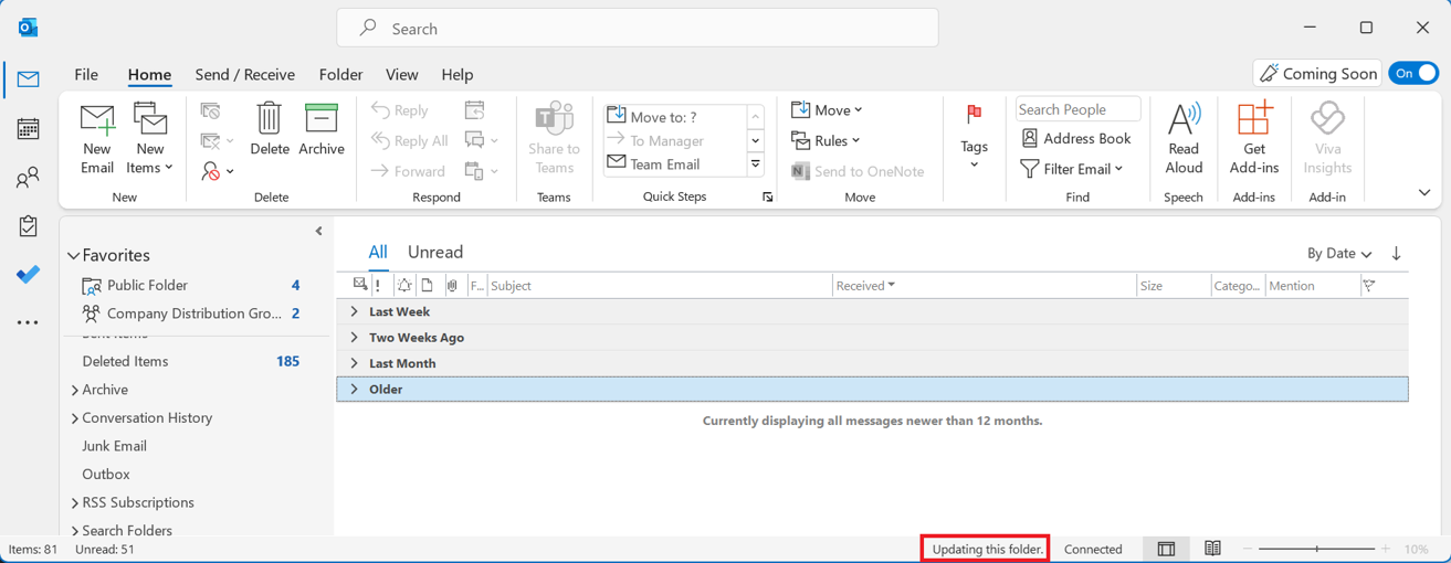 Hộp thư chung Outlook với cập nhật thư mục này được khoanh tròn trong hộp màu đỏ