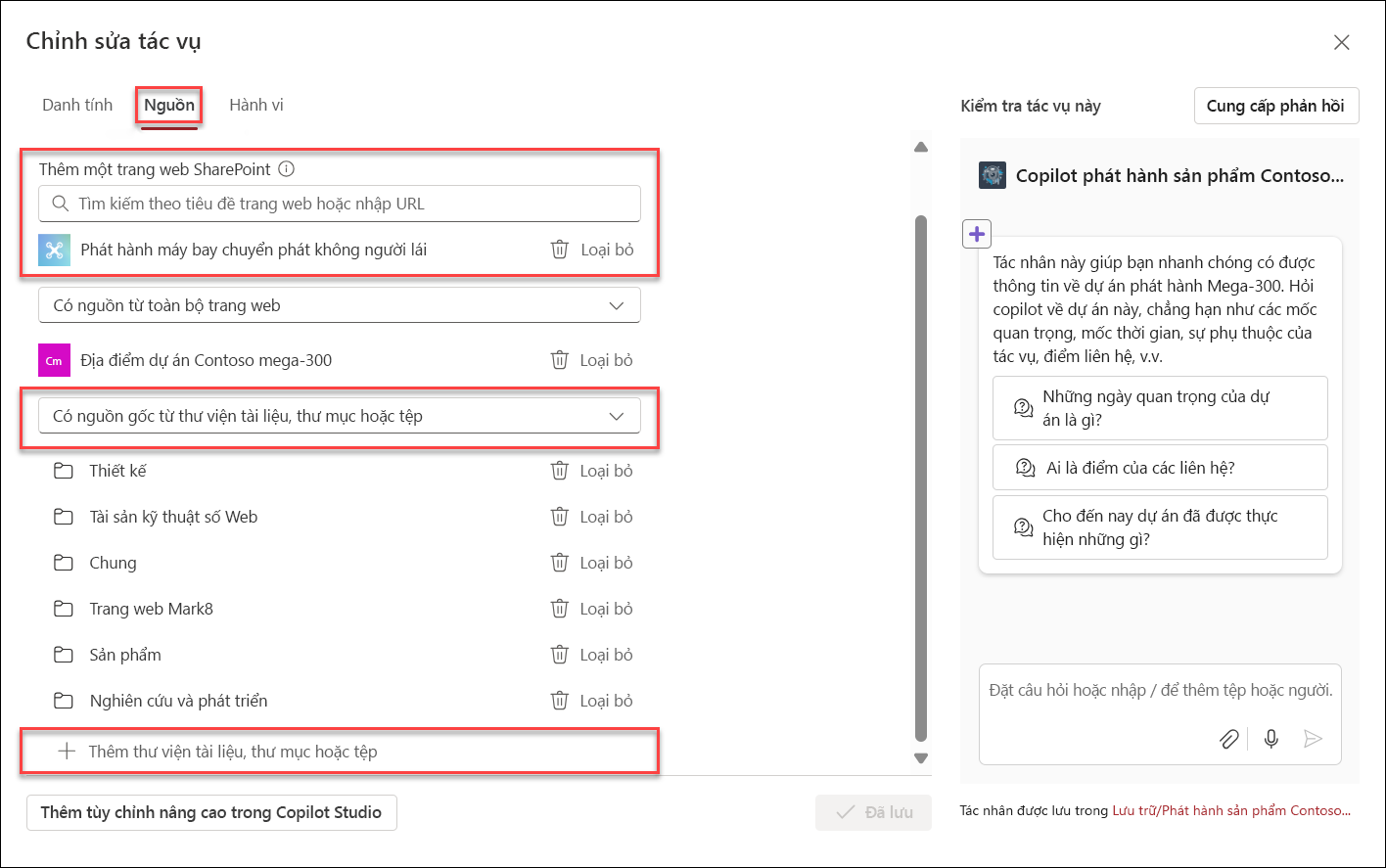 Ảnh chụp màn hình về việc thêm tài nguyên kiến thức vào trợ lý ảo Copilot