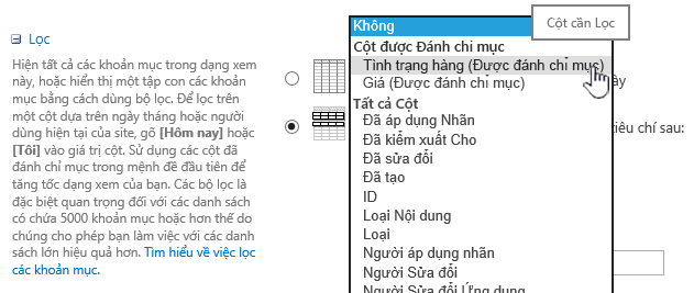 Trong SharePoint Online, chọn một trường được lập chỉ mục