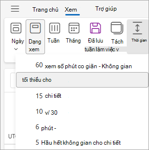 Ảnh chụp màn hình hiển thị Thang thời gian bên dưới tab Dạng xem với 30 phút được chọn