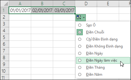 Sử dụng điều khiển Điền để tạo danh sách ngày tuần tự