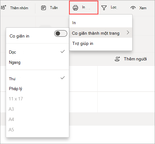 Ảnh chụp màn hình hiển thị tùy chọn In trong Ca để in lịch biểu.