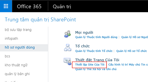 Hình ảnh màn hình của menu thiết đặt SharePoint và hồ sơ người dùng được tô sáng