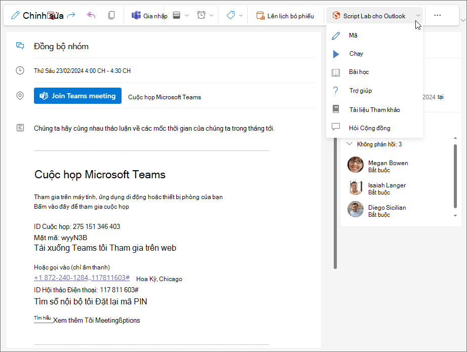 Phần bổ trợ mẫu đang được sử dụng từ cuộc họp Outlook trên web và trong Outlook for Windows mới.