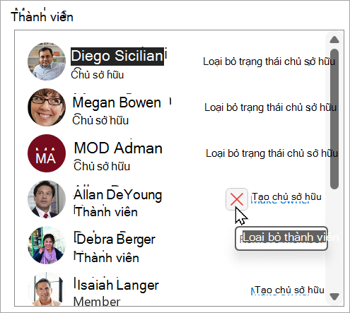 Trong hộp Thành viên, bạn có thể loại bỏ trạng thái chủ sở hữu, đặt thành viên làm chủ sở hữu hoặc xóa thành viên.