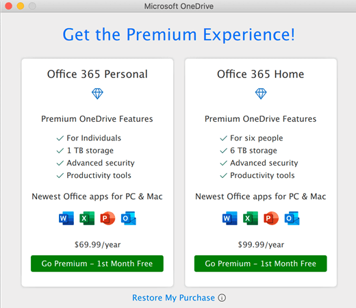 Khôi phục gói mua trước đó cho OneDrive for Mac - Hỗ trợ của Microsoft