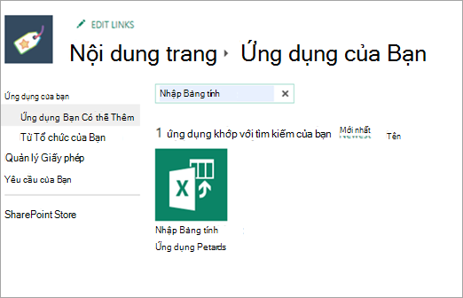 Ảnh chụp màn hình của bảng tính nhập trong Các ứng dụng bạn có thể Thêm.