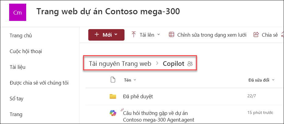 ảnh chụp màn hình nơi các trợ lý ảo Copilot được lưu nếu được tạo từ trang chủ