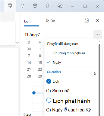 Chọn Chuyển dạng xem để hiển thị dạng xem Lịch công tác hoặc Dạng xem ngày. Đây là nơi bạn cũng có thể chọn lịch để hiển thị.