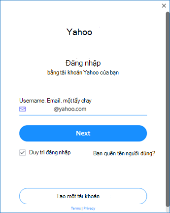 Màn hình thiết lập Yahoo Outlook một - nhập tên người dùng