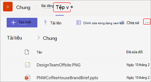 Ảnh chụp màn hình tab Tệp và tùy chọn Mở trong SharePoint trong Microsoft Teams,