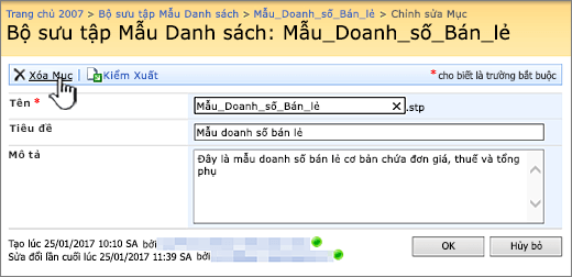 Sửa trang mẫu danh sách với xóa được tô sáng.