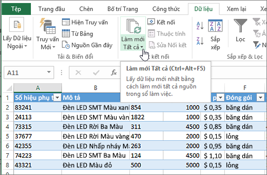 Bảng tính Excel với danh sách đã nhập và nút Làm mới Tất cả được tô sáng.