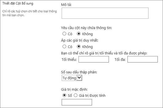 Các lựa chọn cho cột số