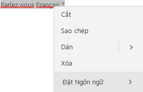 Văn bản tiếng Pháp được chọn hiển thị menu ngữ cảnh về cách đặt ngôn ngữ.