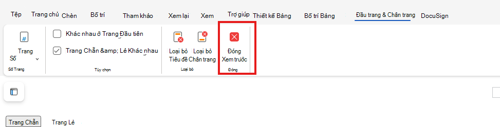 Đóng Bản xem trước Đầu trang và Chân trang trên Web