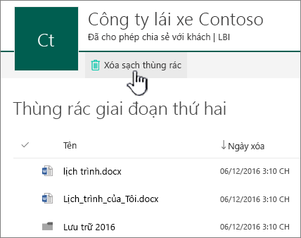 Thùng rác mức 2 của SharePoint Online với nút Làm trống thùng rác được tô sáng