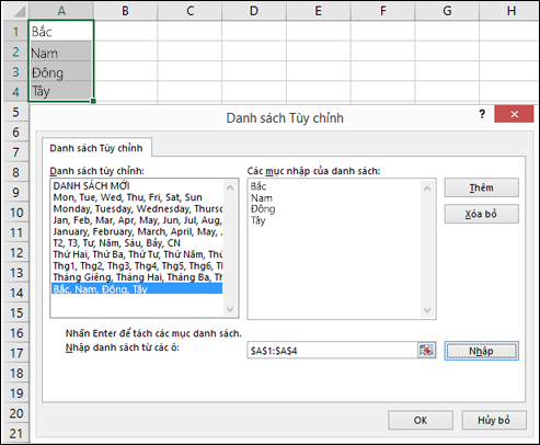 Hộp thoại Danh sách Tùy chỉnh từ Tệp > Tùy chọn > Nâng cao > Tổng quát > Chỉnh sửa Danh sách Tùy chỉnh. Đối với Excel 2007, bấm Nút Office > Tùy chọn Excel > Phổ biến > Chỉnh sửa Danh sách Tùy chỉnh.