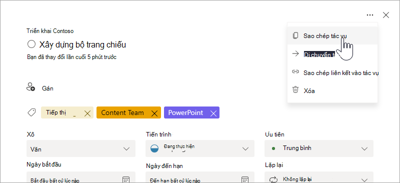 Chọn tùy chọn 'Sao chép tác vụ' trong chi tiết tác vụ