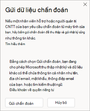 Ảnh chụp màn hình cửa sổ hiển thị cách gửi dữ liệu chẩn đoán khi nói chuyện với nhân viên