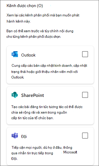 Ảnh chụp màn hình ngăn bên hiển thị các hộp kiểm dành cho Outlook, SharePoint và Teams.