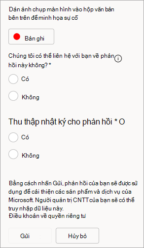 Ảnh chụp màn hình hiển thị tùy chọn cho phép liên hệ và gửi nhật ký khi gửi phản hồi