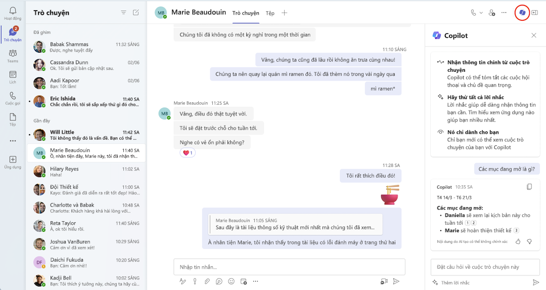 Một chế độ xem của Copilot trong cuộc trò chuyện Teams