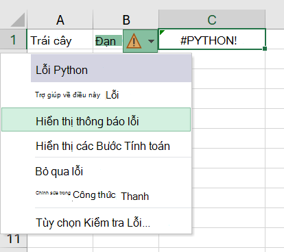 Lỗi trong ô Python trong Excel khi menu lỗi đang mở.