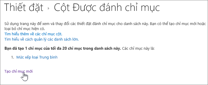 Trang Cột chỉ mục với Tạo chỉ mục mới được tô sáng