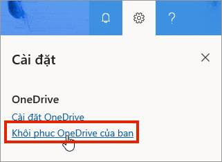 Menu thiết đặt cho OneDrive cho Doanh nghiệp trực tuyến với khôi phục được tô sáng