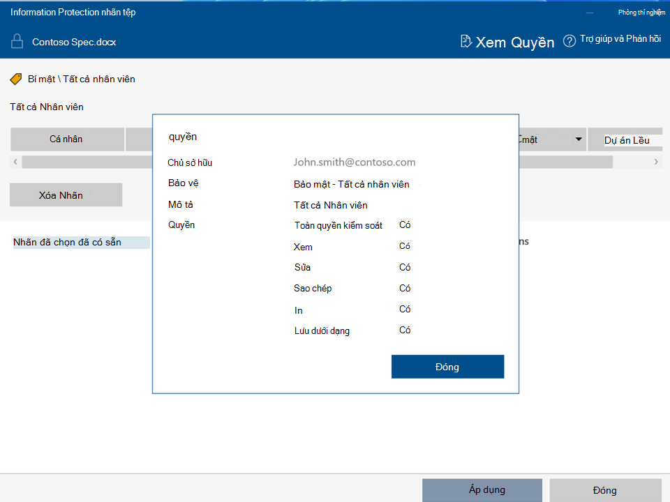 Xem các quyền với Nhãn Tệp Bảo vệ Thông tin Purview của Microsoft