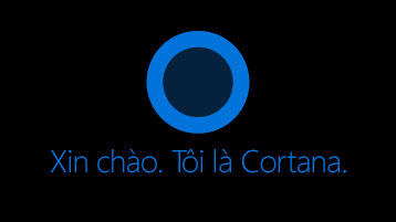 Biểu tượng Cortana như nhìn thấy trên màn hình với các từ, "hi. Tôi là Cortana "bên dưới biểu tượng.