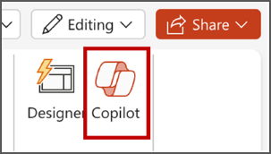 Ảnh chụp màn hình nút Copilot trong PowerPoint trong menu dải băng