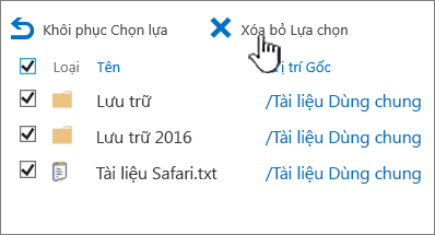 Thùng rác mức 2 của SharePoint 2016 với tất cả các mục đã chọn và xóa được tô sáng