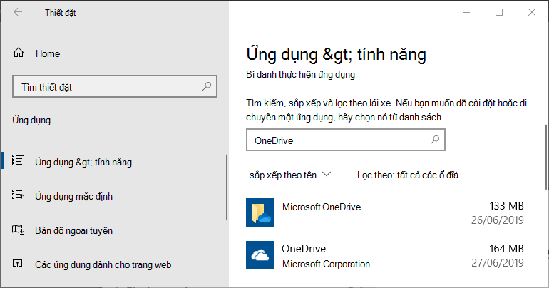 OneDrive trong Cài đặt Ứng dụng Windows