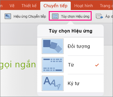 Hiển thị Tùy chọn hiệu ứng cho chuyển tiếp Biến đổi PowerPoint 2016 cho iPad