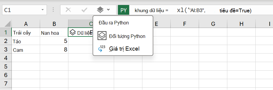 Menu đầu ra Python trong sổ làm việc Excel.