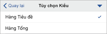 Lệnh Tùy chọn Kiểu được bung rộng, với Hàng Tiêu đề được chọn.