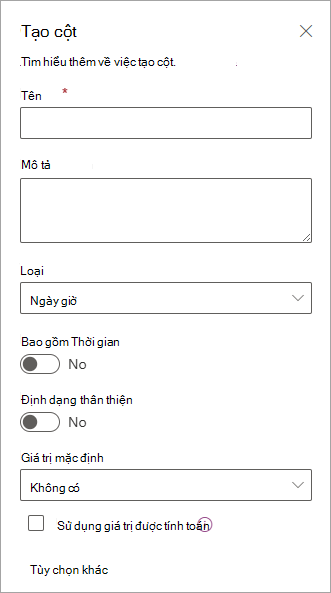 Ảnh chụp màn hình của pa-nen Tạo cột mà bạn có thể sử dụng để thêm cột vào danh sách.