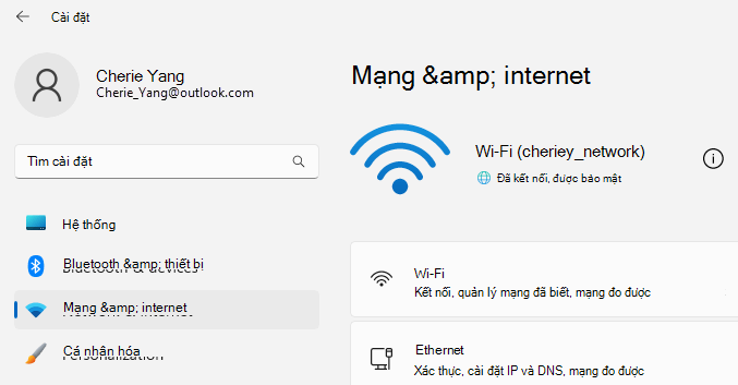 Hiển thị trang Cài đặt, với mạng & internet được chọn để hiển Wi-Fi đặt.