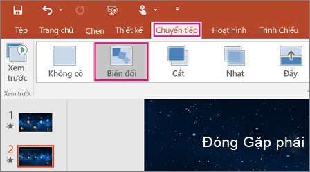 Tab Chuyển tiếp PowerPoint, tùy chọn Biến đổi trong Chuyển tiếp ở Nhóm bản chiếu Này