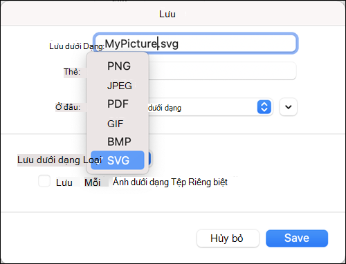Hộp thoại Lưu như trong Outlook 2021 for Mac với tùy chọn SVG được chọn
