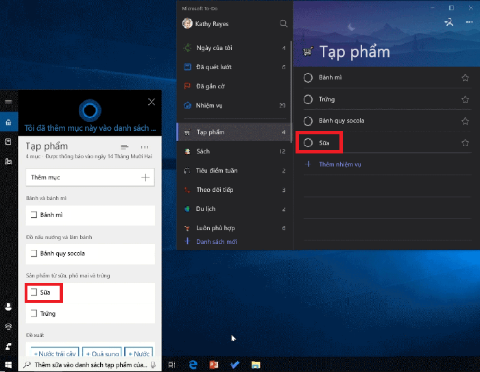 Ảnh chụp màn hình hiển thị cả Cortana và Microsoft to-do mở trên Windows 10. Sữa đã được thêm vào danh sách tạp phẩm bằng cách dùng Cortana và cũng có sẵn trong danh sách tạp hóa trong Microsoft to-do