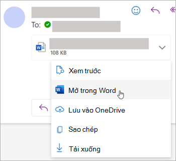 Ảnh chụp màn hình hiển thị danh sách thả xuống để mở tệp đính kèm trong Word