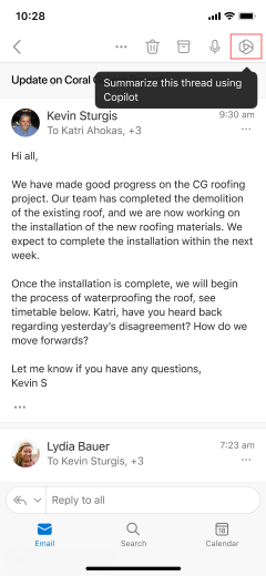 Biểu tượng tóm tắt Copilot để tóm tắt chuỗi email trên thiết bị iOS và Android.