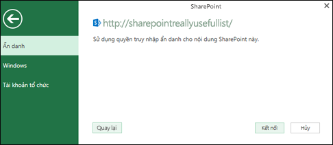 Excel Power Query kết nối với hộp thoại Kết nối Danh sách Sharepoint