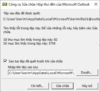 Hiển thị kết quả của tệp dữ liệu Outlook .pst được quét bằng cách sử dụng công cụ Sửa chữa Hộp thư đến của Microsoft, SCANPST.EXE
