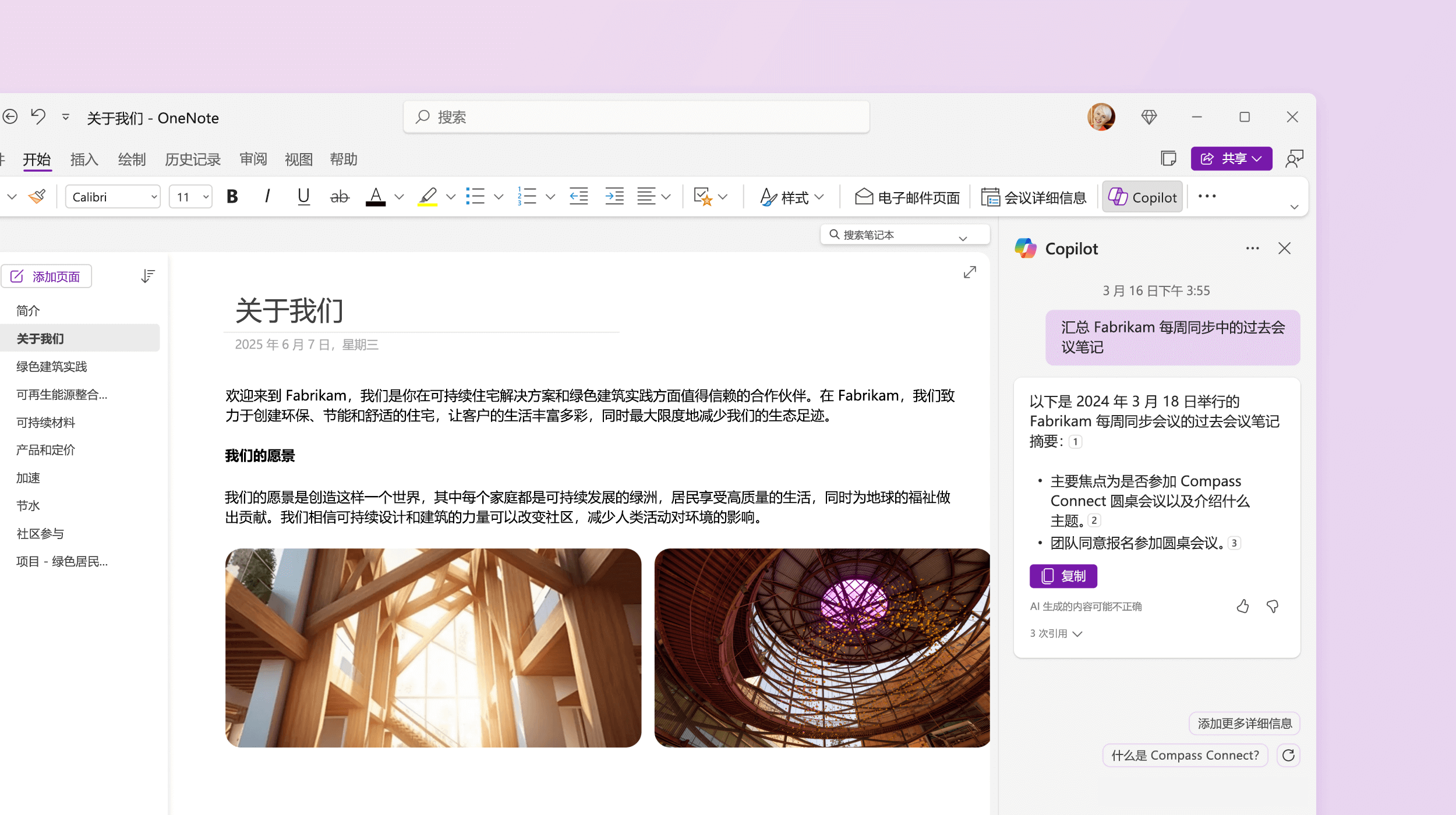 屏幕截图显示 OneNote 中的 Copilot 汇总笔记。